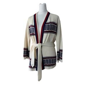 Vintage ‘70s Ivory, Burgundy & Navy Belted Cardigan Sweater